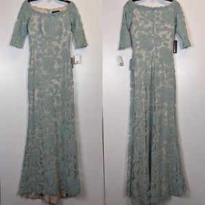 tadashi shoji embroidered boat neck mermaid gown